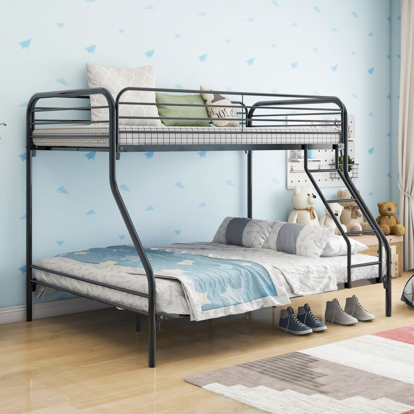 Heavy Duty Full Metal Easy Assembly Bunk Bed Frame with Guardrail and Stairs