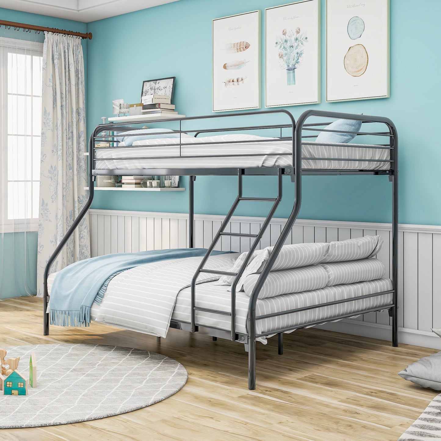 Heavy Duty Full Metal Easy Assembly Bunk Bed Frame with Guardrail and Stairs