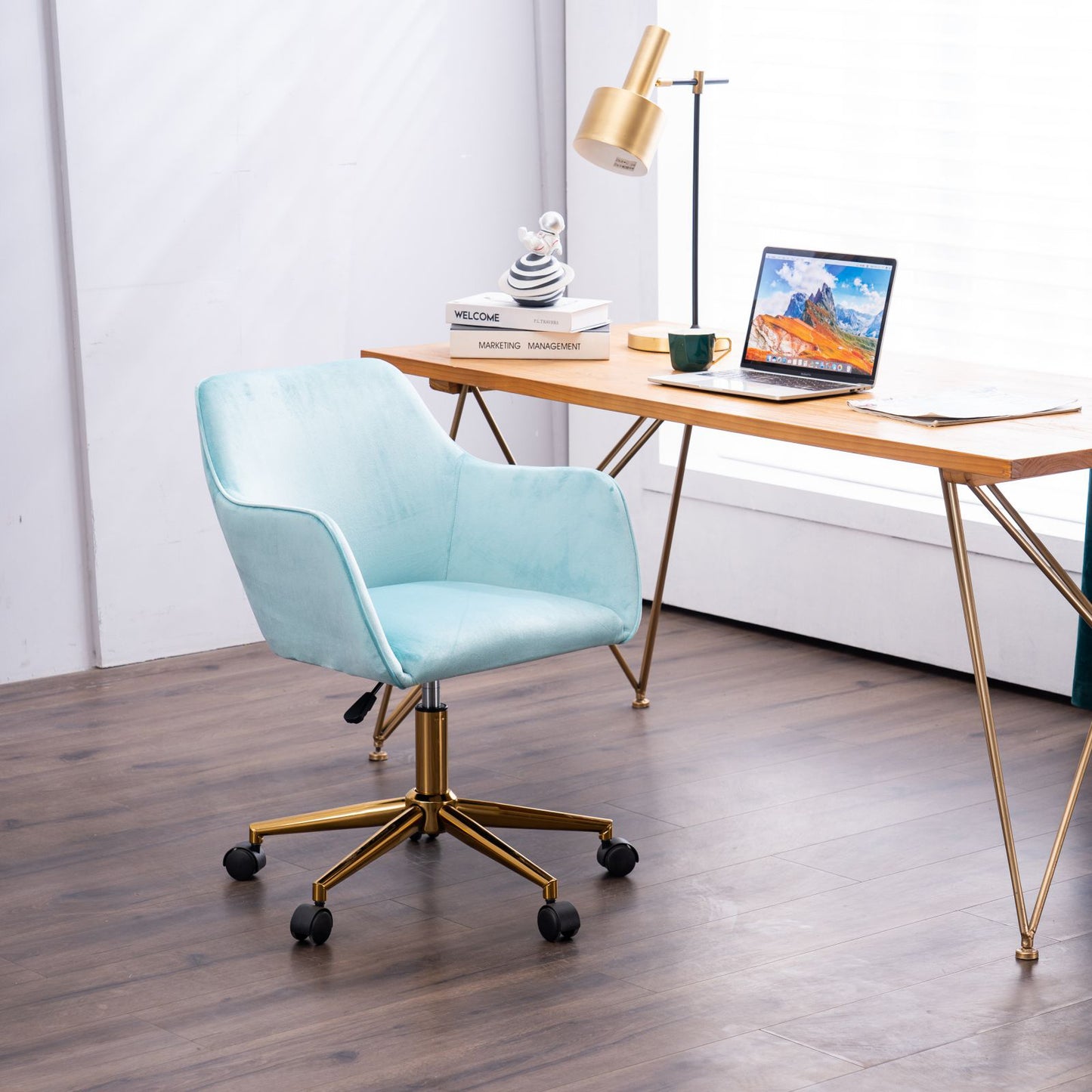 360° Revolving Modern Design Velvet Home and Office Chair with Metal Legs- Light Blue