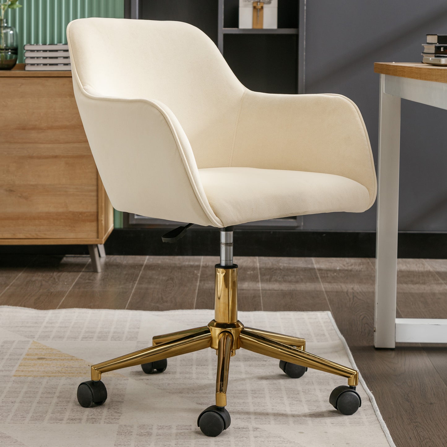 360° Revolving Modern Design Velvet Home and Office Chair with Metal Legs- Beige