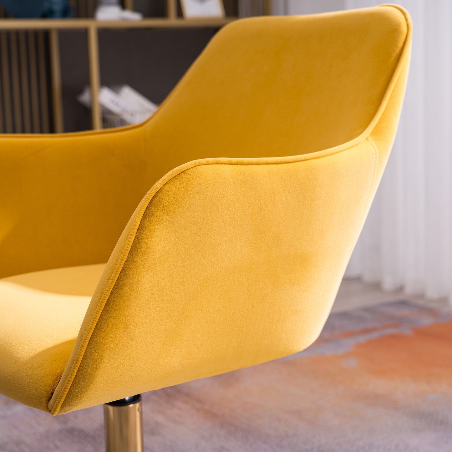 360° Revolving Modern Design Velvet Home and Office Chair with Metal Legs- Yellow