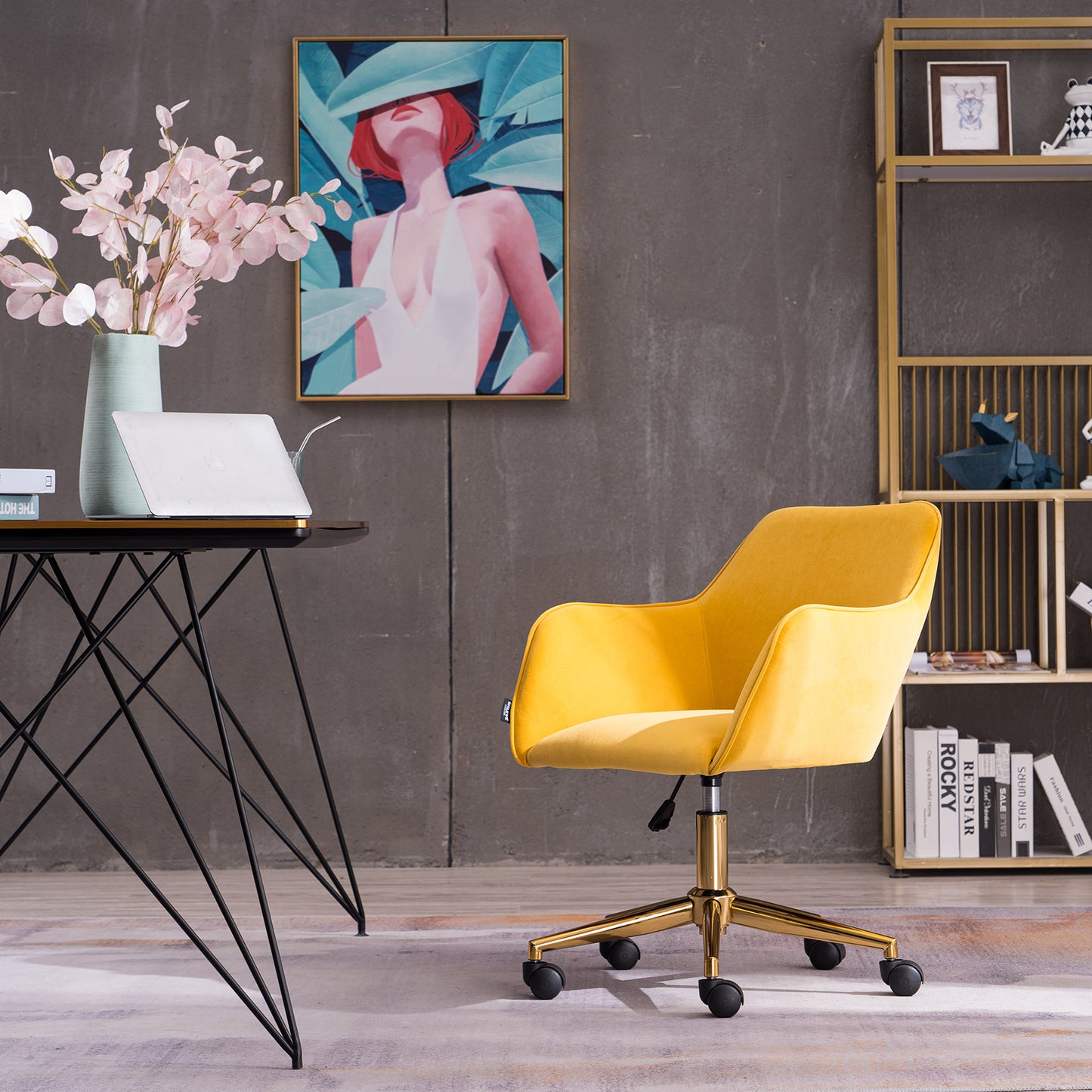 360° Revolving Modern Design Velvet Home and Office Chair with Metal Legs- Yellow