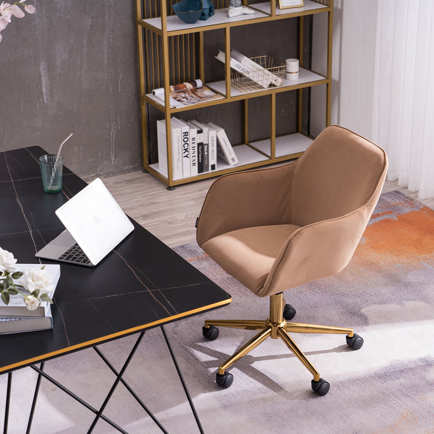 360° Revolving Modern Design Velvet Home and Office Chair with Metal Legs- Light Coffee