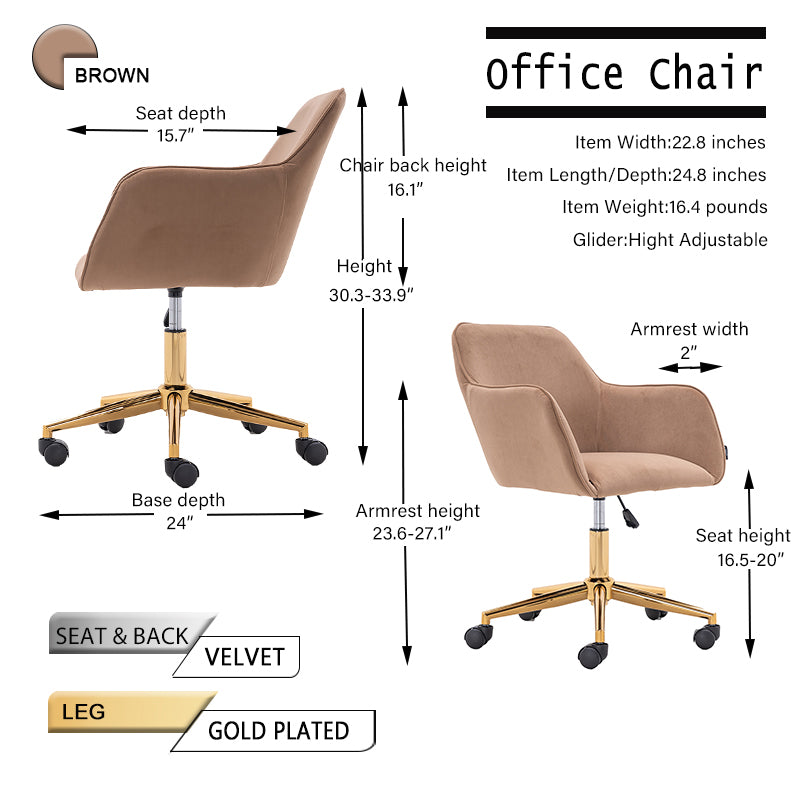 360° Revolving Modern Design Velvet Home and Office Chair with Metal Legs- Light Coffee