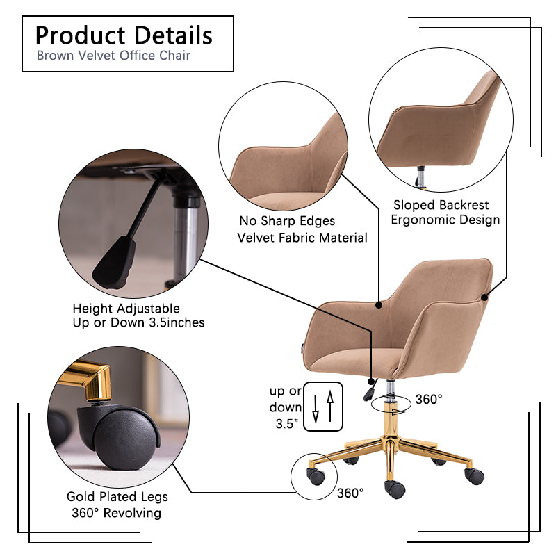 360° Revolving Modern Design Velvet Home and Office Chair with Metal Legs- Light Coffee