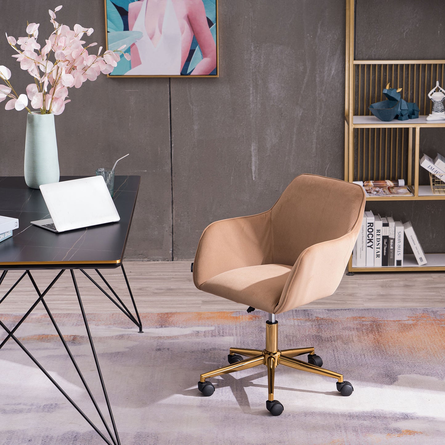 360° Revolving Modern Design Velvet Home and Office Chair with Metal Legs- Light Coffee