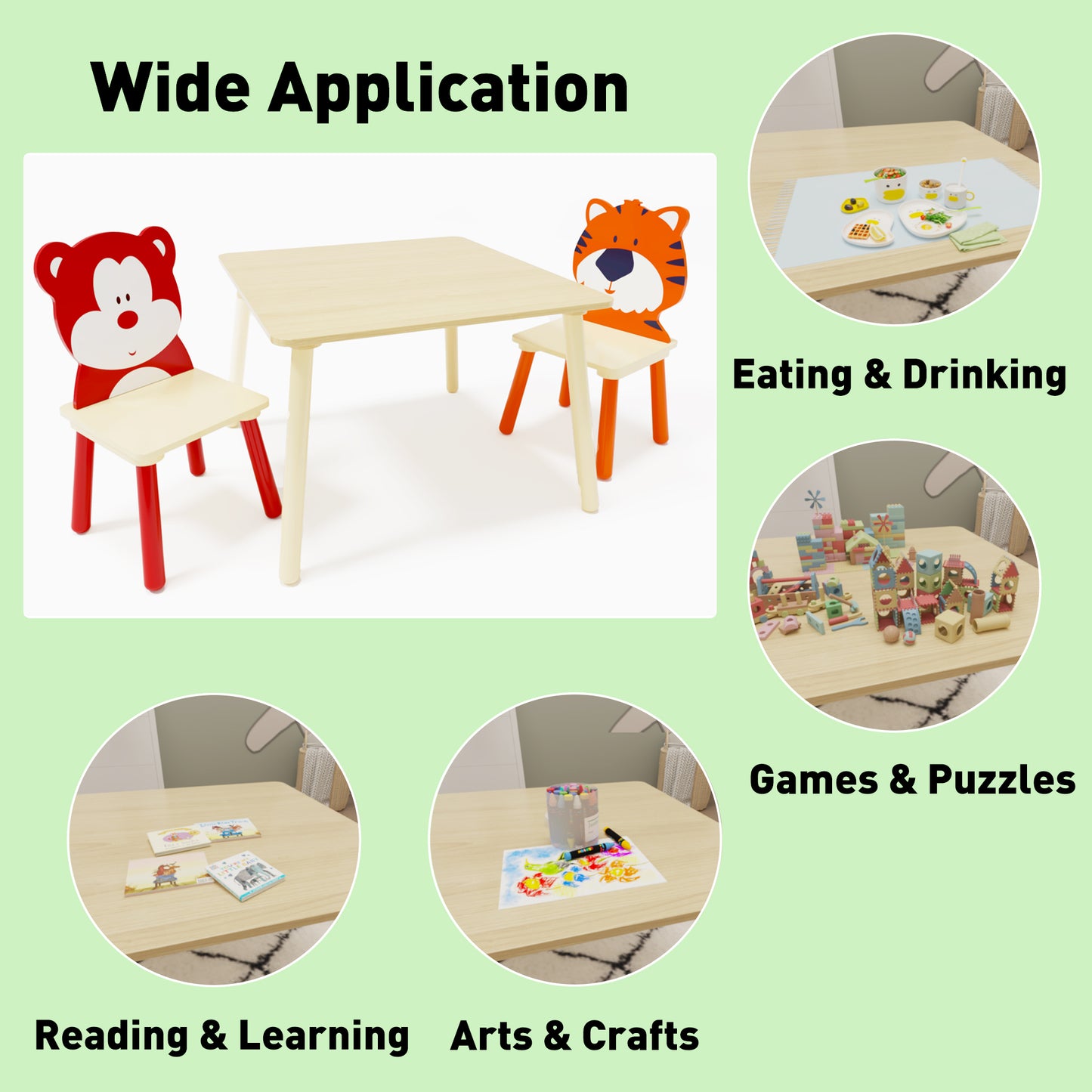 Animal Designed Kid’s Wooden Table with 2 Chair Set Activity Play Table Set (Bear, Tiger)