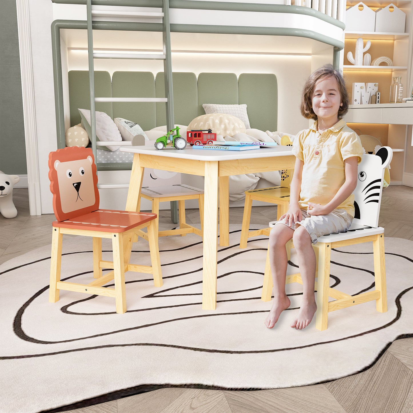 5 Pcs Solid Wood Kiddie Dining and Playing Table and Chair Set- White