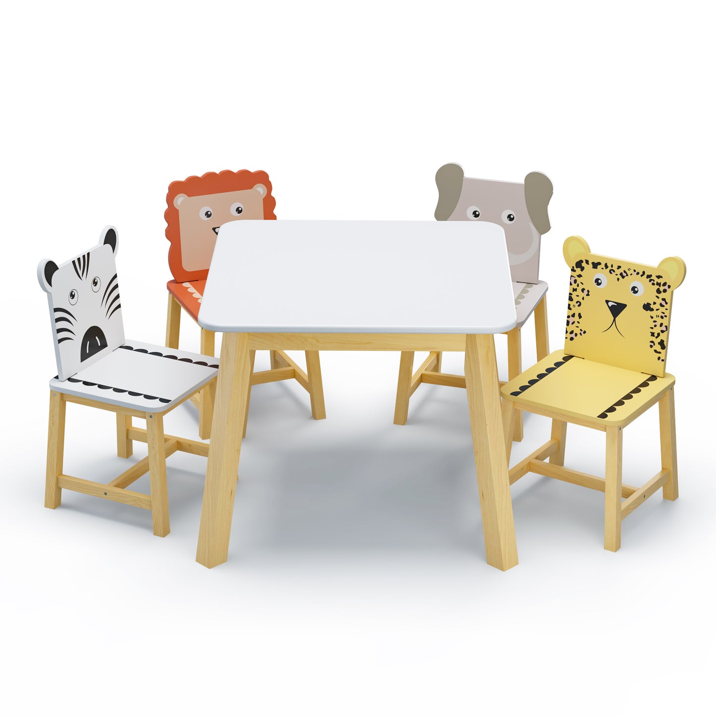 5 Pcs Solid Wood Kiddie Dining and Playing Table and Chair Set- White