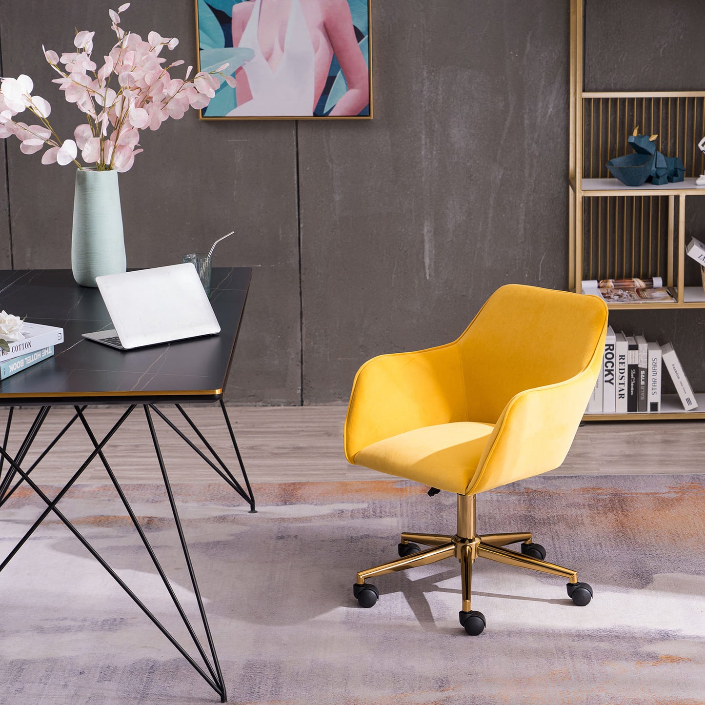 360° Revolving Modern Design Velvet Home and Office Chair with Metal Legs- Yellow