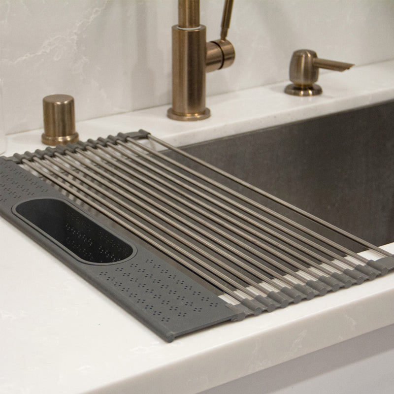 Roll-Up Over the Sink Stainless Steel Dish Drying Rack with Utensil Holder