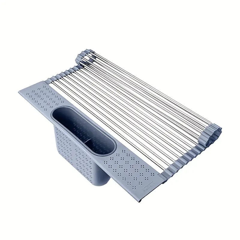 Roll-Up Over the Sink Stainless Steel Dish Drying Rack with Utensil Holder