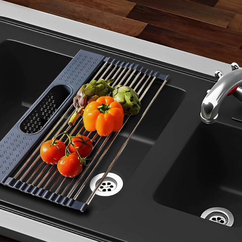 Roll-Up Over the Sink Stainless Steel Dish Drying Rack with Utensil Holder