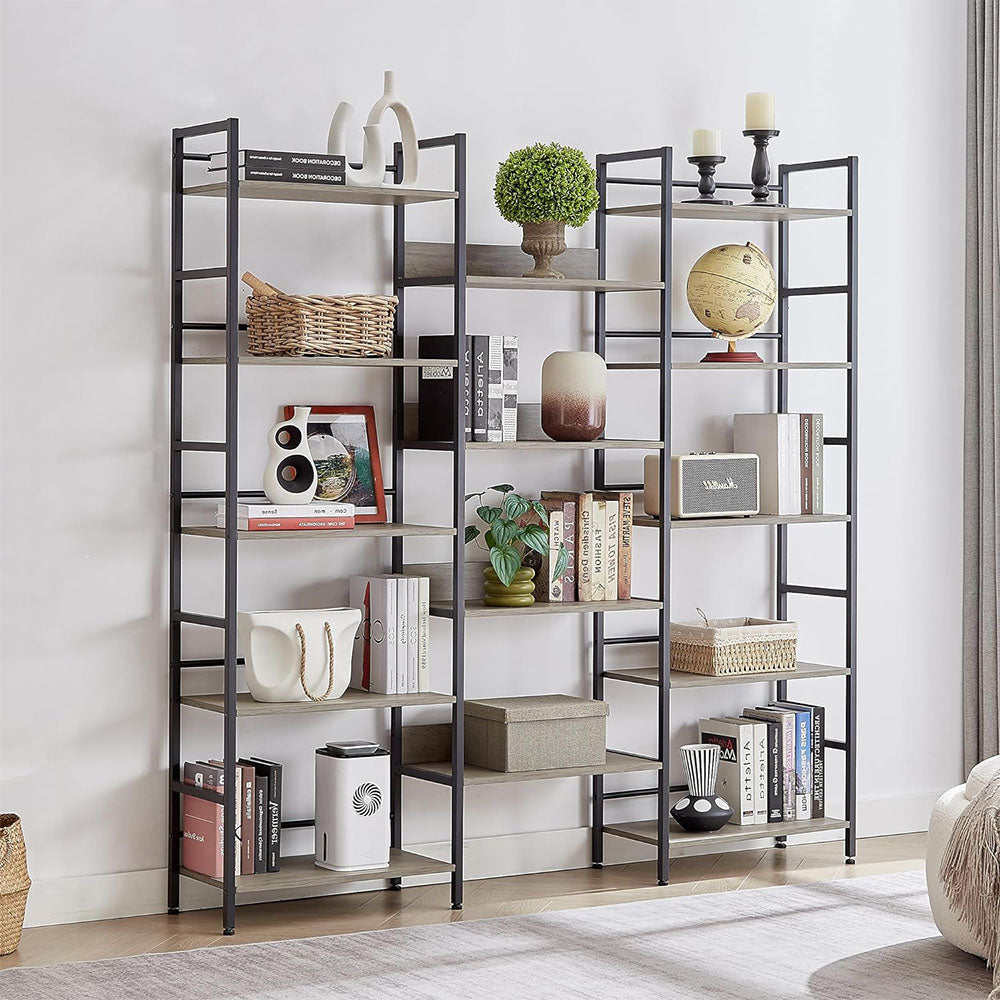 Triple Wide 5-Tier Industrial Bookshelf - Grey
