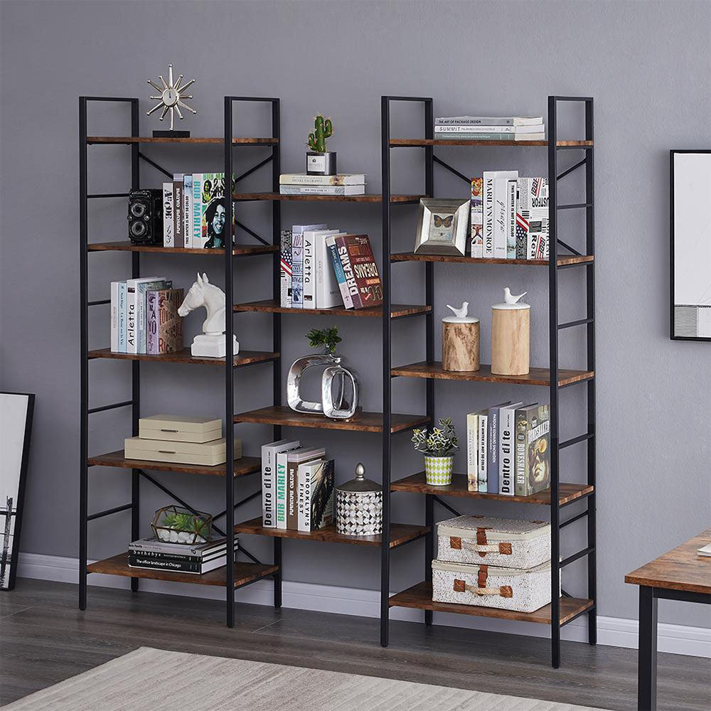 Triple Wide 5-Tier Industrial Bookshelf - Grey