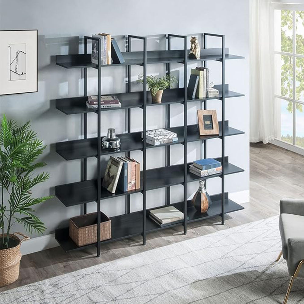 5-Tier Industrial Bookshelf with Metal Frame - Black