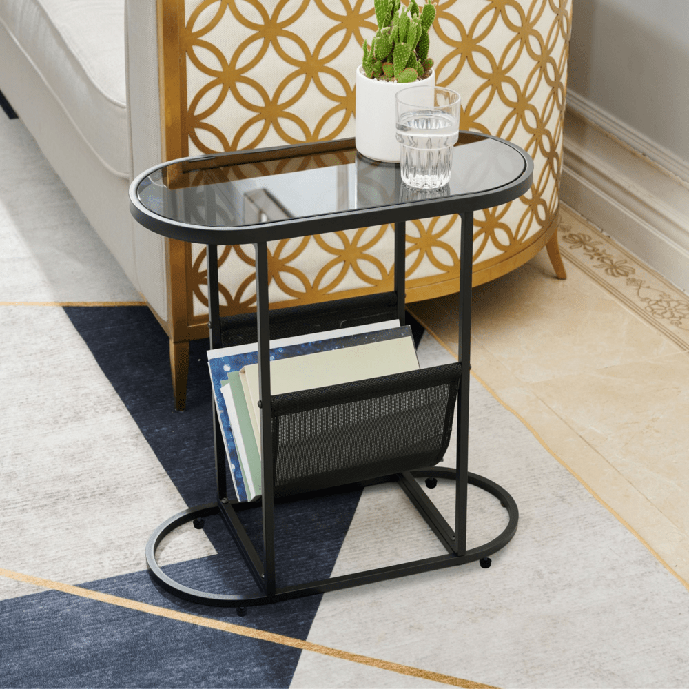 Set of 2 Glass Oval Side Tables Living Room Magazine Organizer