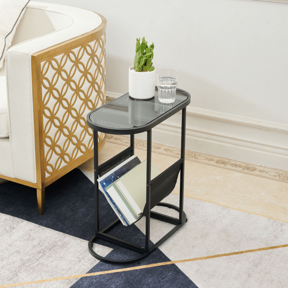 Set of 2 Glass Oval Side Tables Living Room Magazine Organizer