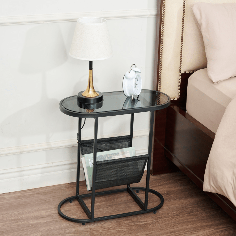 Set of 2 Glass Oval Side Tables Living Room Magazine Organizer