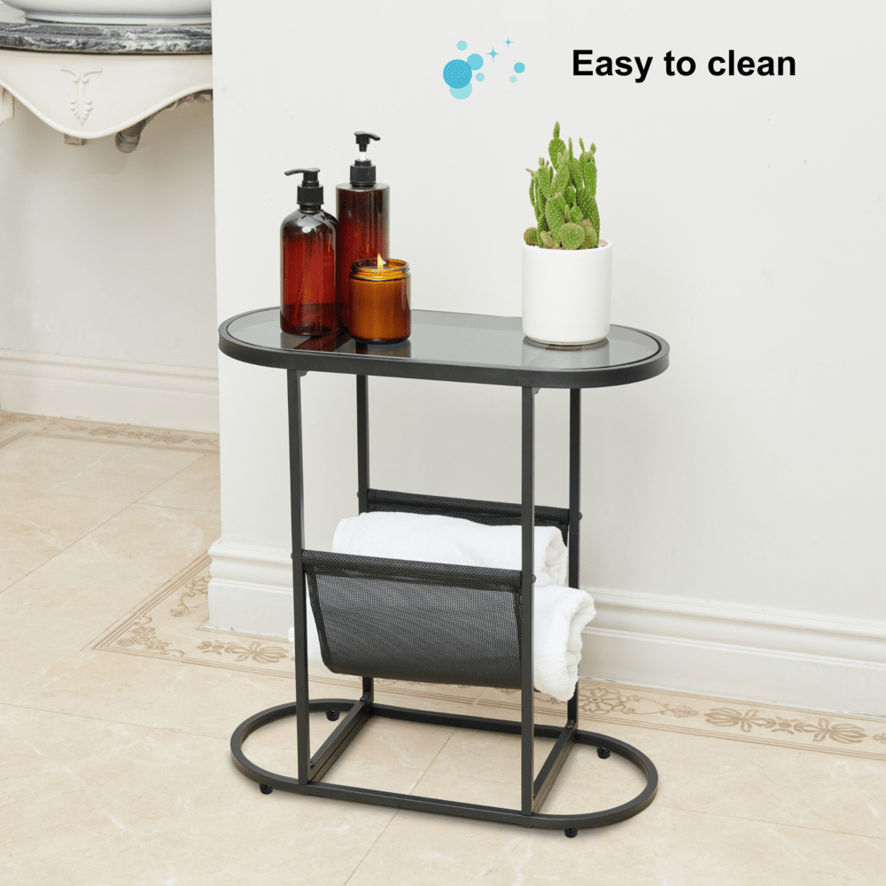 Set of 2 Glass Oval Side Tables Living Room Magazine Organizer