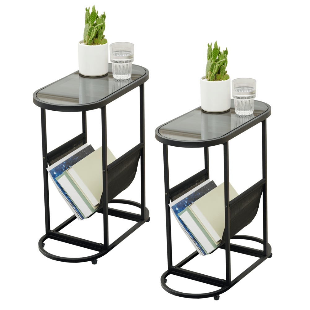 Set of 2 Glass Oval Side Tables Living Room Magazine Organizer
