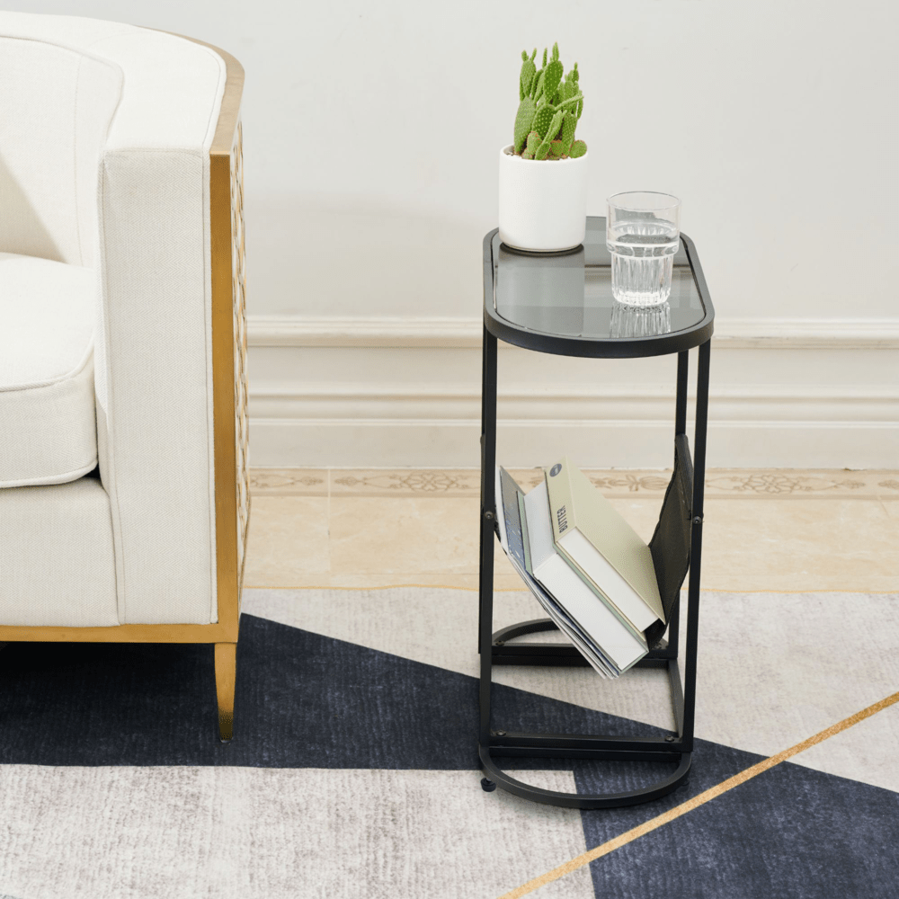 Set of 2 Glass Oval Side Tables Living Room Magazine Organizer