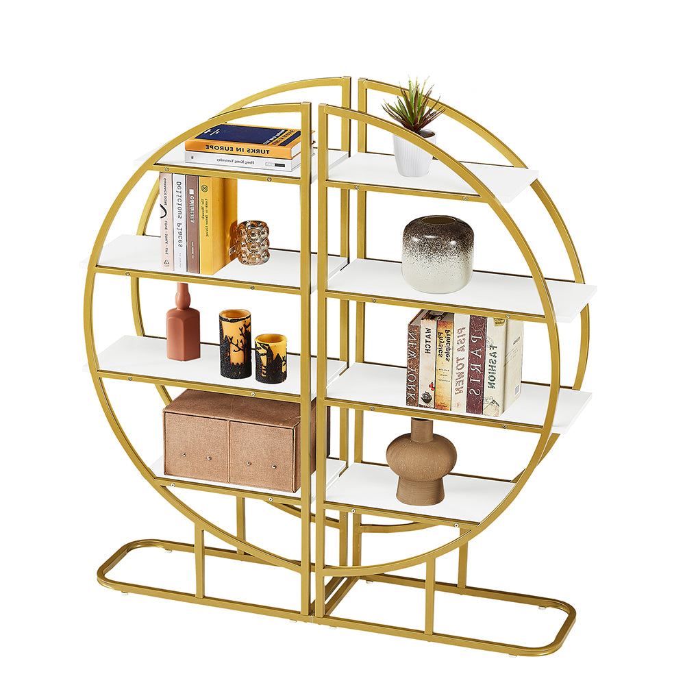 4-Tier Round Open Bookshelf with Gold Metal Frame - White