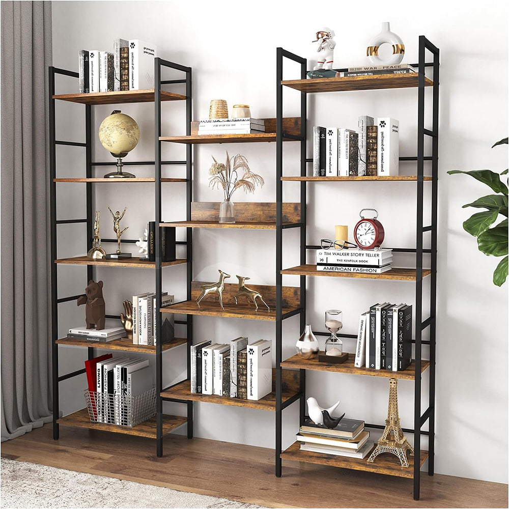 Triple Wide 5-Tier Industrial Bookshelf - Rustic Brown