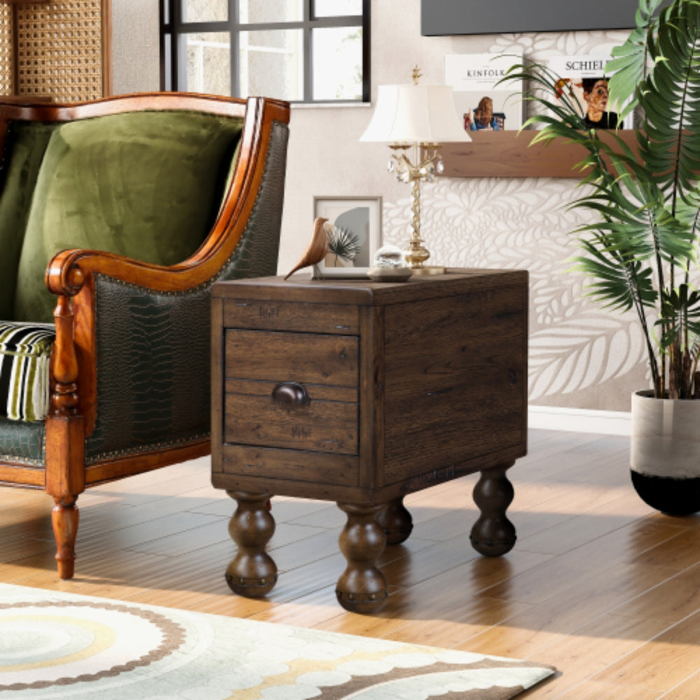 Vintage Solid Wood Side Table with Drawer in Espresso