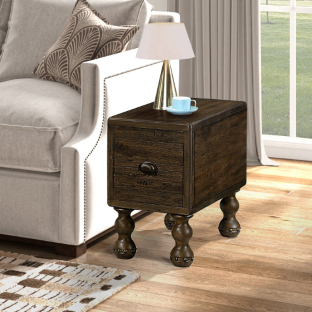 Vintage Solid Wood Side Table with Drawer in Espresso