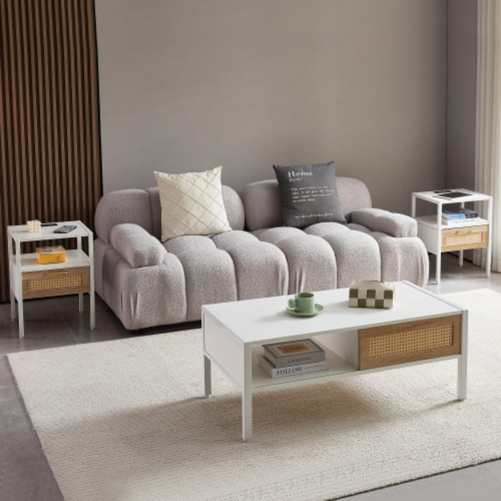 Set of 2 White Rattan End Tables with Power Outlet & USB Ports 15.75 Inch