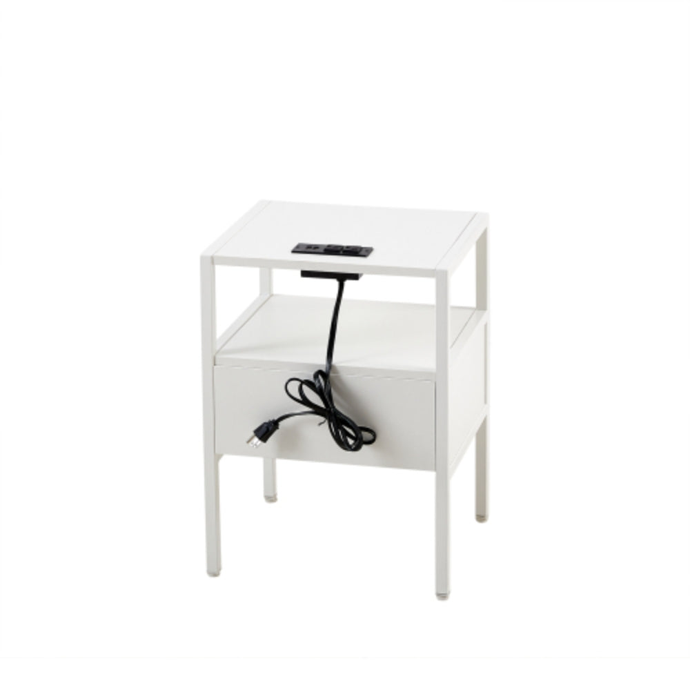 Set of 2 White Rattan End Tables with Power Outlet & USB Ports 15.75 Inch