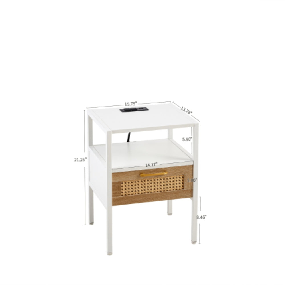 Set of 2 White Rattan End Tables with Power Outlet & USB Ports 15.75 Inch