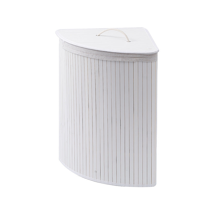 White Triangle Foldable Laundry Basket Woven Bamboo Basket With Lid