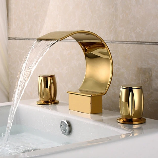Faucet for Bathroom Sink 3 Hole, Brass Faucet Bathroom, Hot and Cold Water Mixer, Waterfall Bathroom Faucet, Two Handles Sink Faucets - THEAMBIENCEHOME