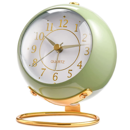 Vintage Silent Metal Desk Clock Non-Ticking Gold Clock Bedside Décor- Battery Powered