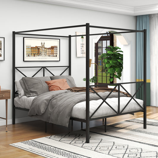 Quick Assembly Queen Sized Metal Canopy X Shaped Platform Bed Frame- Black