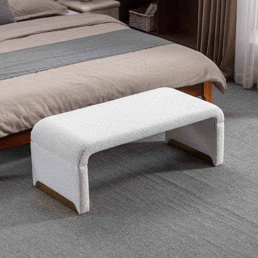 Boucle Fabric Loveseat Ottoman Bedroom Footstool With Gold Metal Legs- Ivory White