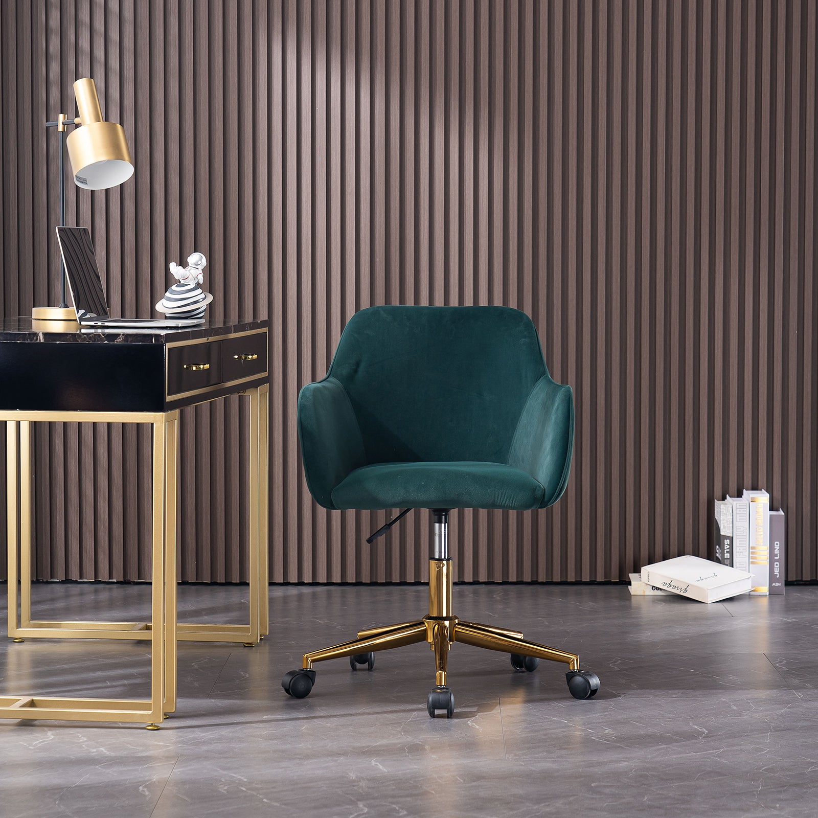 360° Revolving Modern Design Velvet Home and Office Chair with Metal Legs- Dark Green