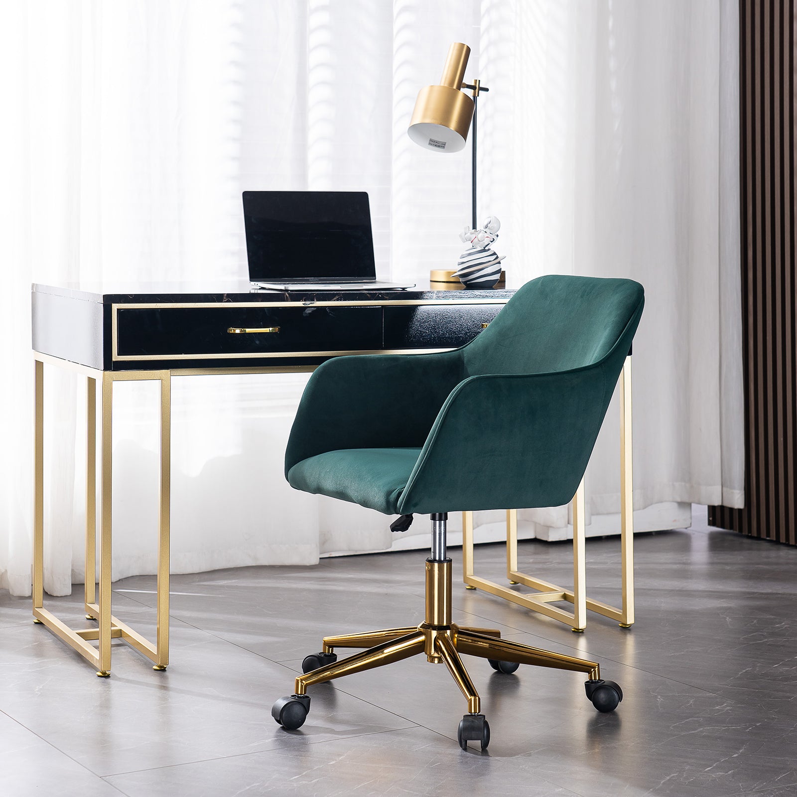 360° Revolving Modern Design Velvet Home and Office Chair with Metal Legs- Dark Green