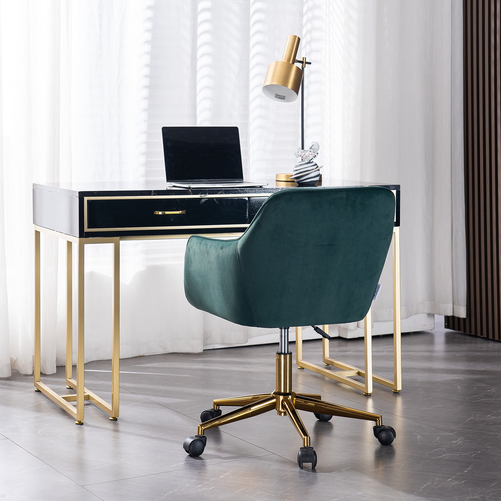 360° Revolving Modern Design Velvet Home and Office Chair with Metal Legs- Dark Green