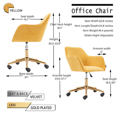 360° Revolving Modern Design Velvet Home and Office Chair with Metal Legs- Yellow
