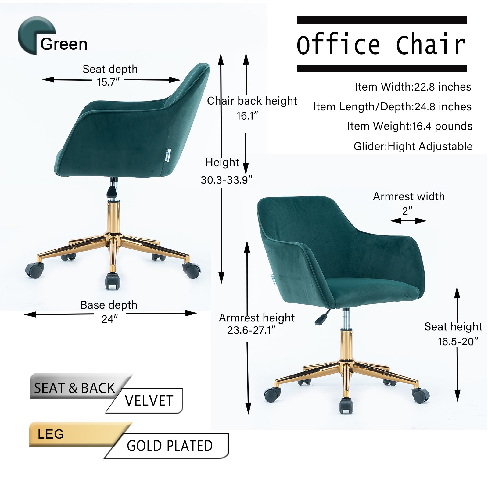 360° Revolving Modern Design Velvet Home and Office Chair with Metal Legs- Dark Green
