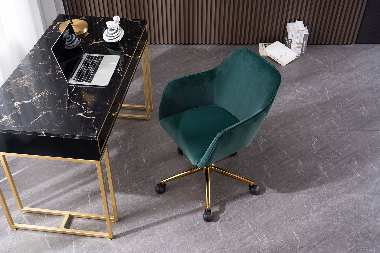 360° Revolving Modern Design Velvet Home and Office Chair with Metal Legs- Dark Green