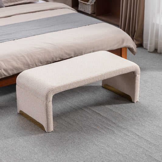 Boucle Fabric Loveseat Ottoman Bedroom Footstool With Gold Metal Legs- Beige