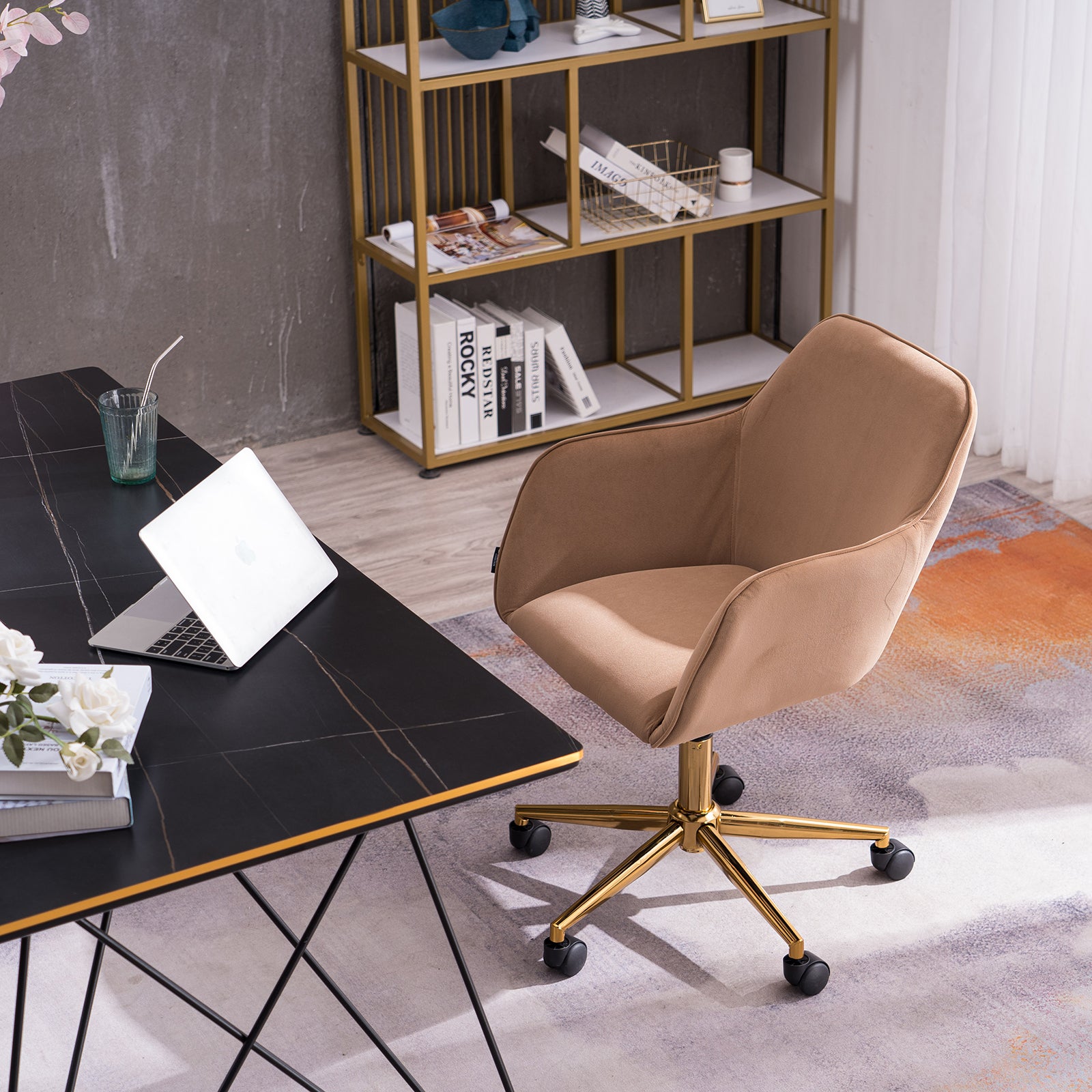 360° Revolving Modern Design Velvet Home and Office Chair with Metal Legs- Light Coffee