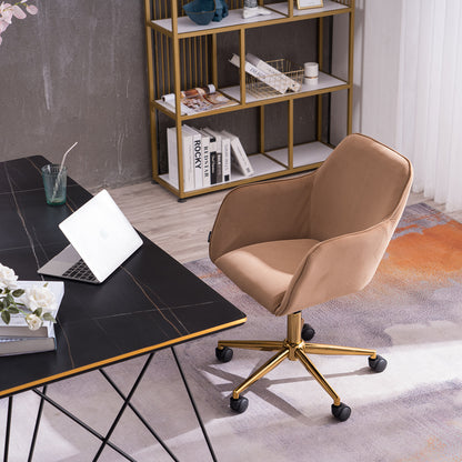 360° Revolving Modern Design Velvet Home and Office Chair with Metal Legs- Light Coffee