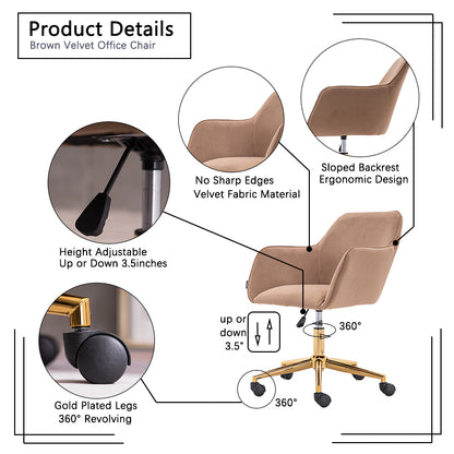 360° Revolving Modern Design Velvet Home and Office Chair with Metal Legs- Light Coffee