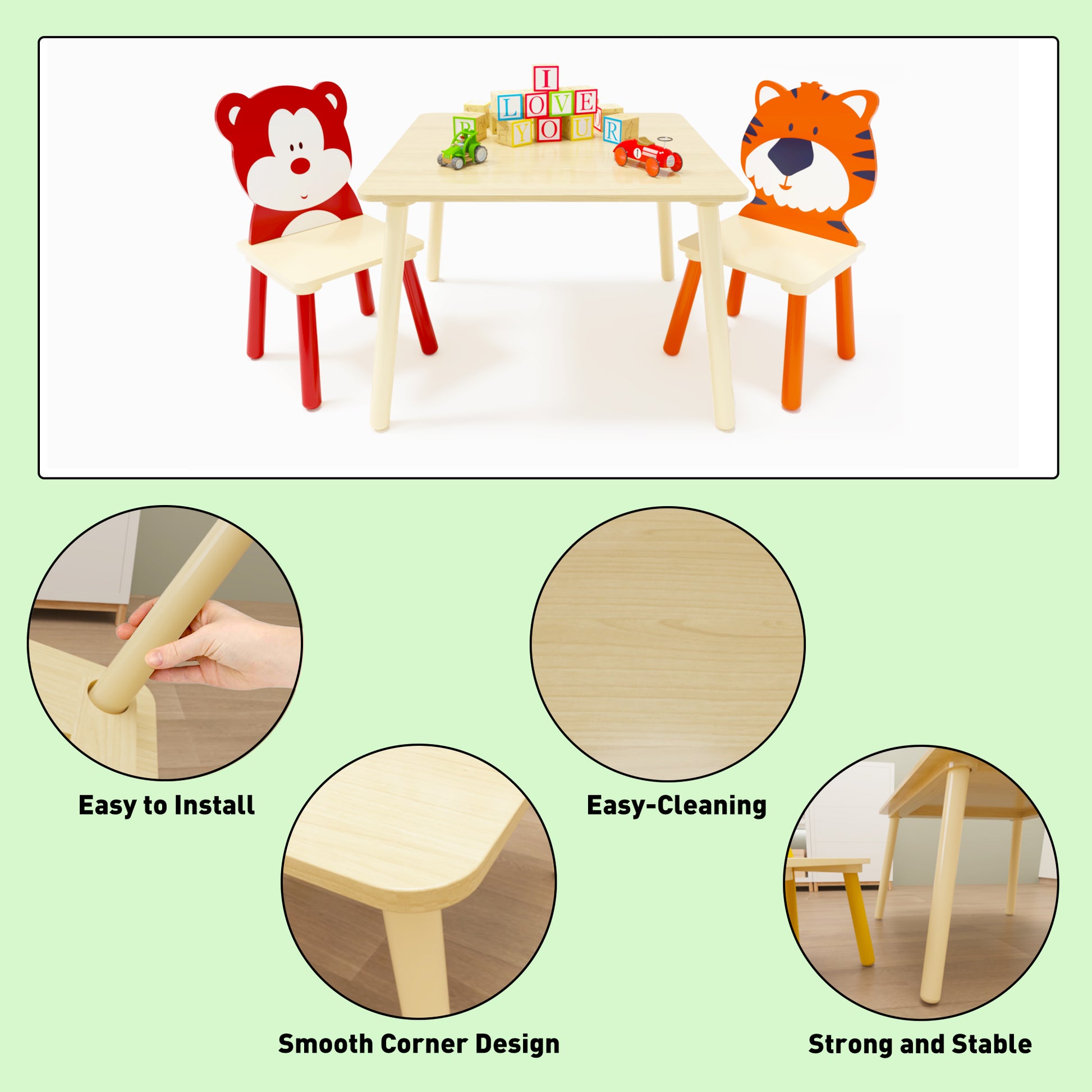 Animal Designed Kid’s Wooden Table with 2 Chair Set Activity Play Table Set (Bear, Tiger)