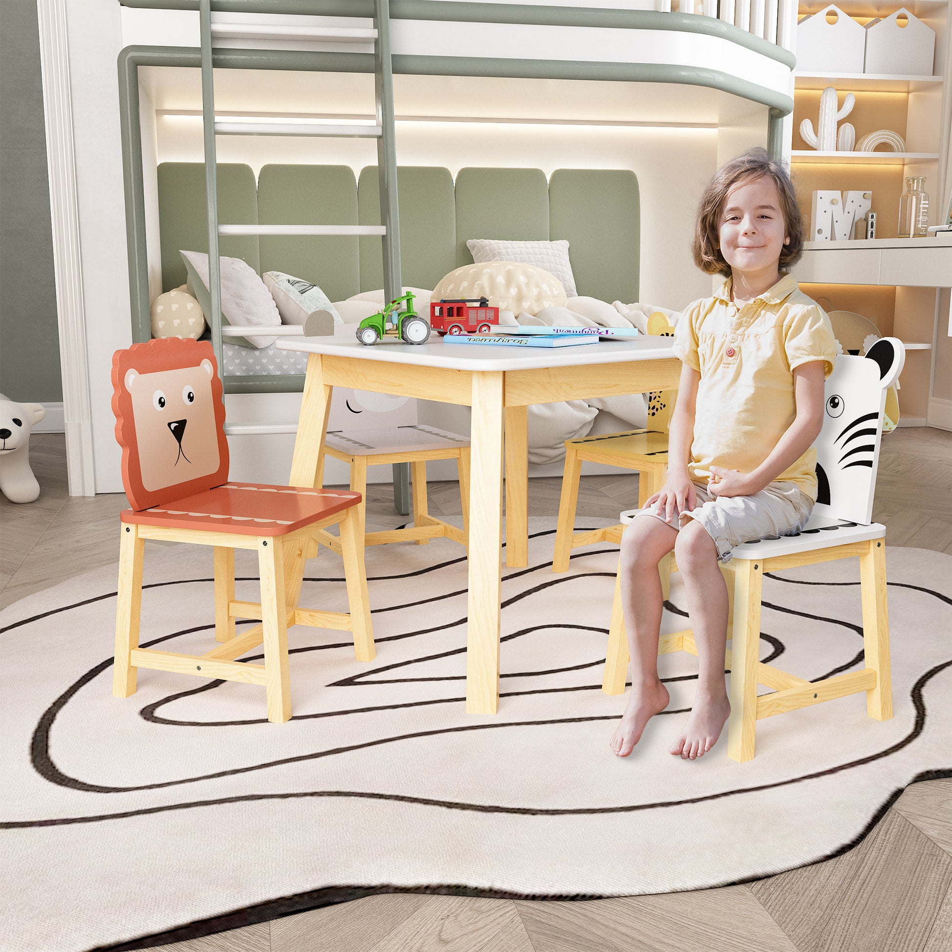 5 Pcs Solid Wood Kiddie Dining and Playing Table and Chair Set- White